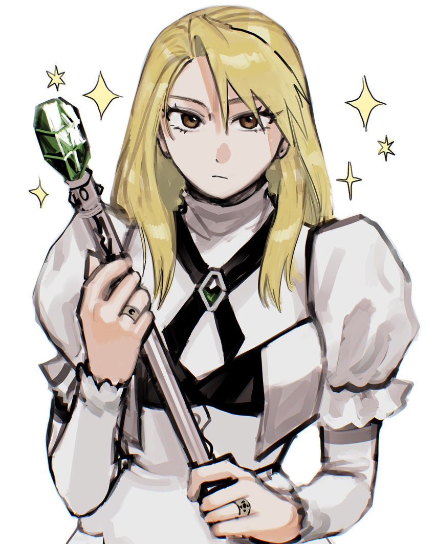 1girl, bangs, black_ribbon, blonde_hair, breasts, brown_eyes, closed_mouth, commentary_request