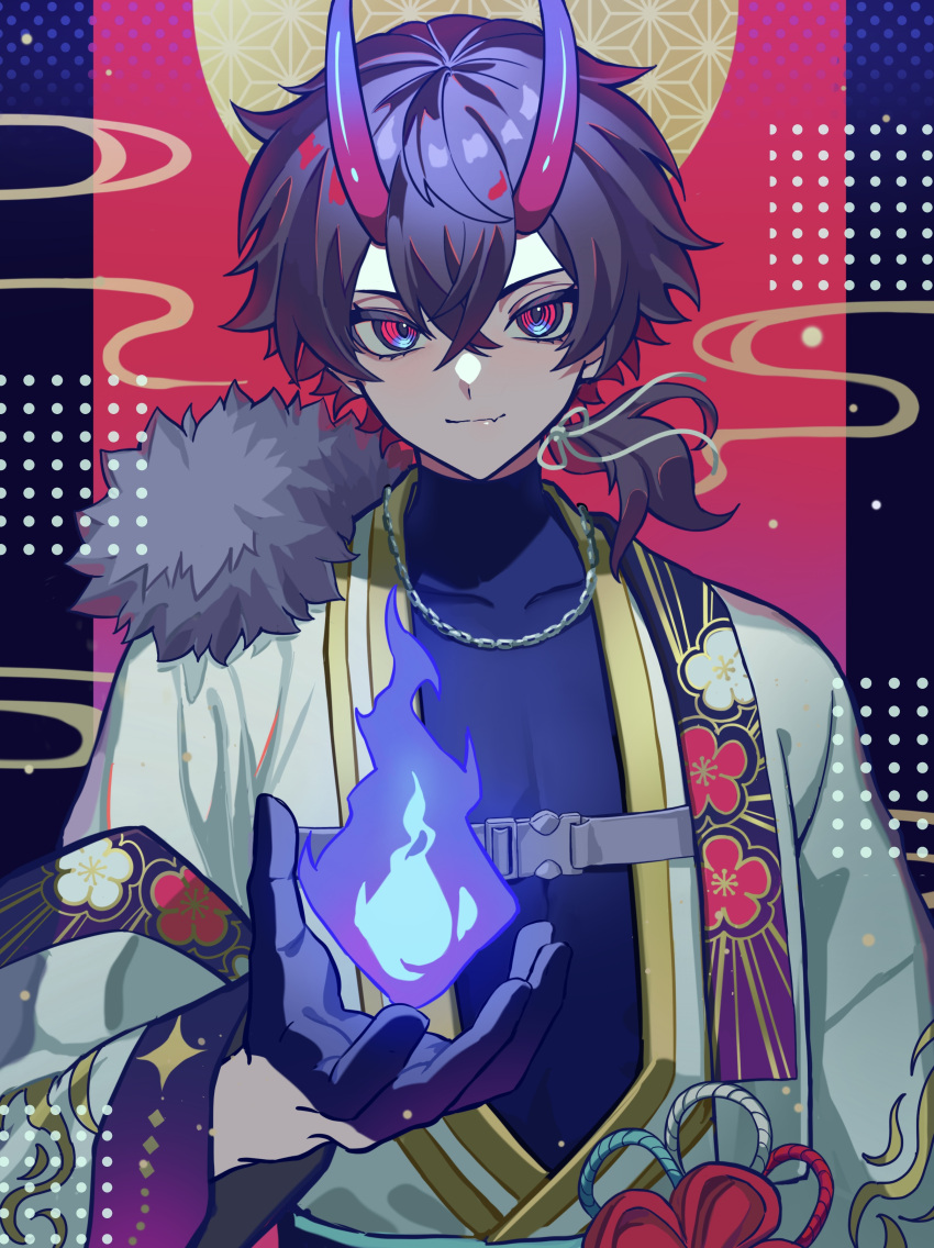 1boy, absurdres, black_gloves, blue_fire, chain_necklace, demon_boy, fire, fireball, floral_print, gloves, hair_between_eyes, haru4aki, highres, horns, japanese_clothes, looking_at_viewer, magic, male_focus, oni_horns, original, ponytail, purple_hair, pyrokinesis, red_eyes, upper_body