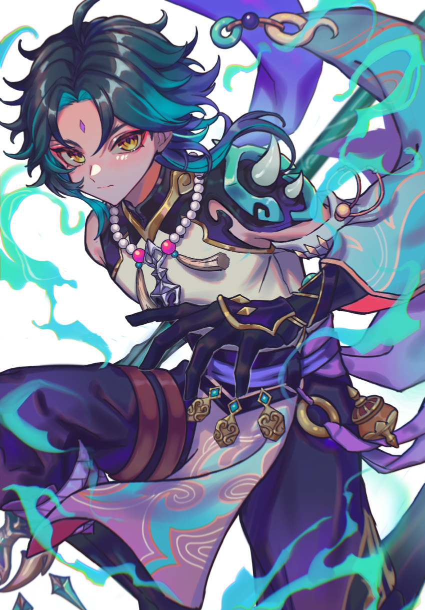 1boy, armor, bangs, bead_necklace, beads, black_gloves, black_hair, diamond-shaped_pupils
