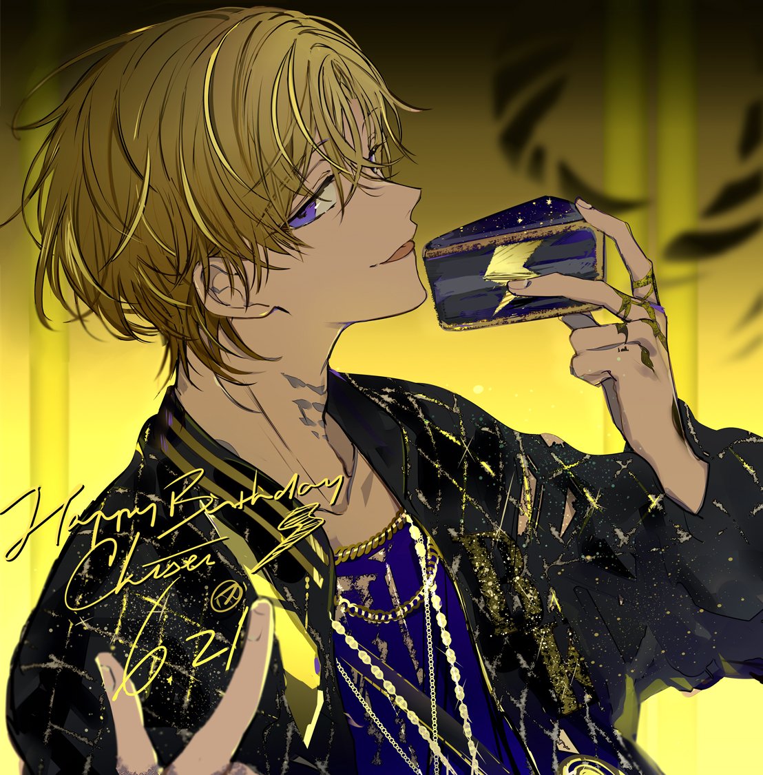 1boy, black_jacket, blonde_hair, cake, cake_slice, chain_necklace, commentary, finger_tattoo, food, happy_birthday, holding, holding_food, jacket, kuzuryu_chisei, licking_lips, long_sleeves, looking_at_viewer, male_focus, neck_tattoo, paradox_live, short_hair, smile, suou, symbol-only_commentary, tattoo, tongue, tongue_out, violet_eyes