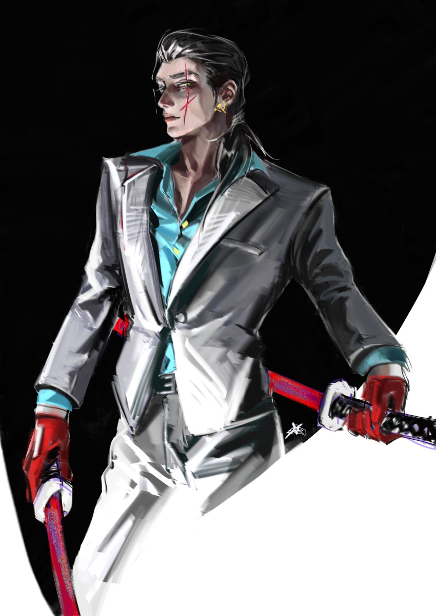 1boy, absurdres, black_hair, blazer, blue_shirt, buttons, closed_mouth, collared_shirt