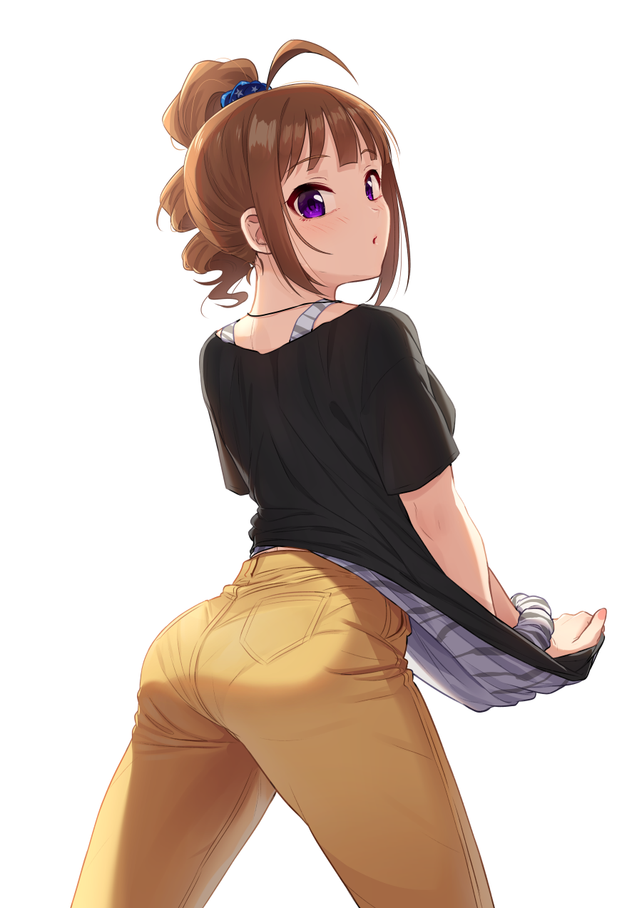 1girl, ahoge, animal_print, ass, bangs, black_shirt, brown_hair, chestnut_mouth