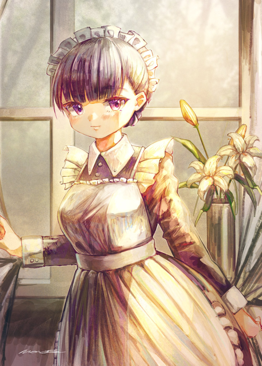 apron, artist_name, bad_hands, bangs, black_hair, blunt_bangs, blush, dress, flower, highres, indoors, long_sleeves, looking_at_viewer, maid_apron, maid_day, maid_headdress, monose, short_hair, solo, standing, vase, violet_eyes