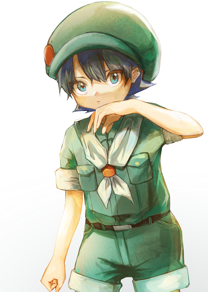 1boy, absurdres, belt, black_hair, blue_eyes, camper_(pokemon), child, clenched_hand