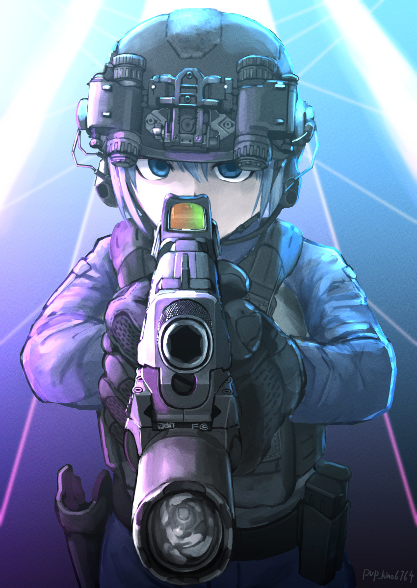 1girl, absurdres, aiming, blue_eyes, d-sawa613, flashlight, gloves, gun, handgun, headset, heckler_&amp;_koch, helmet, highres, holster, original, pistol, police, solo, weapon