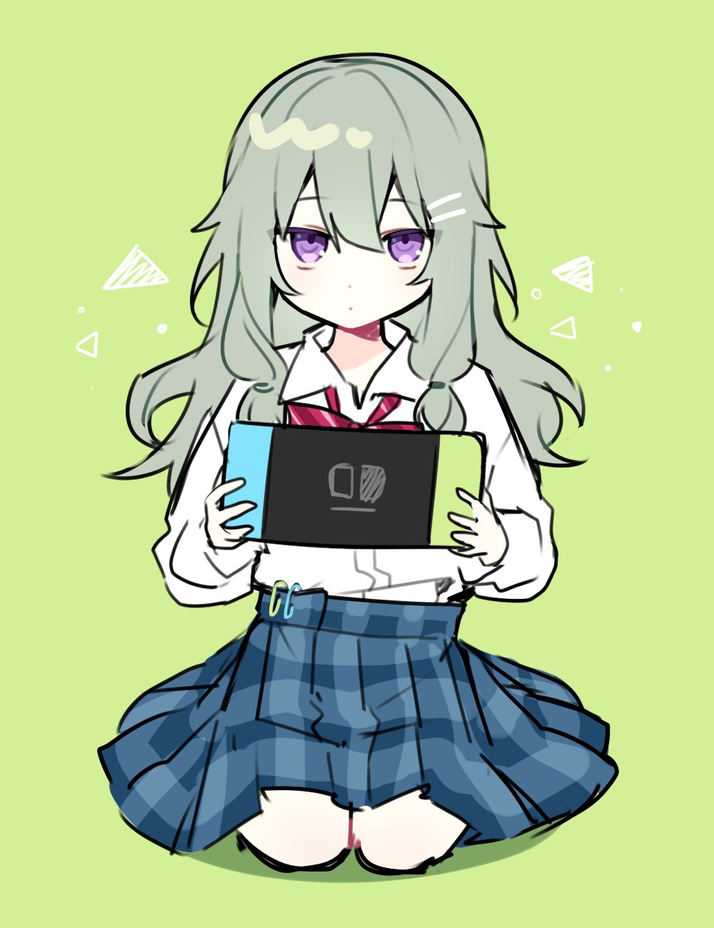 1girl, bangs, blue_skirt, bow, bowtie, closed_mouth, commentary, diagonal-striped_bowtie