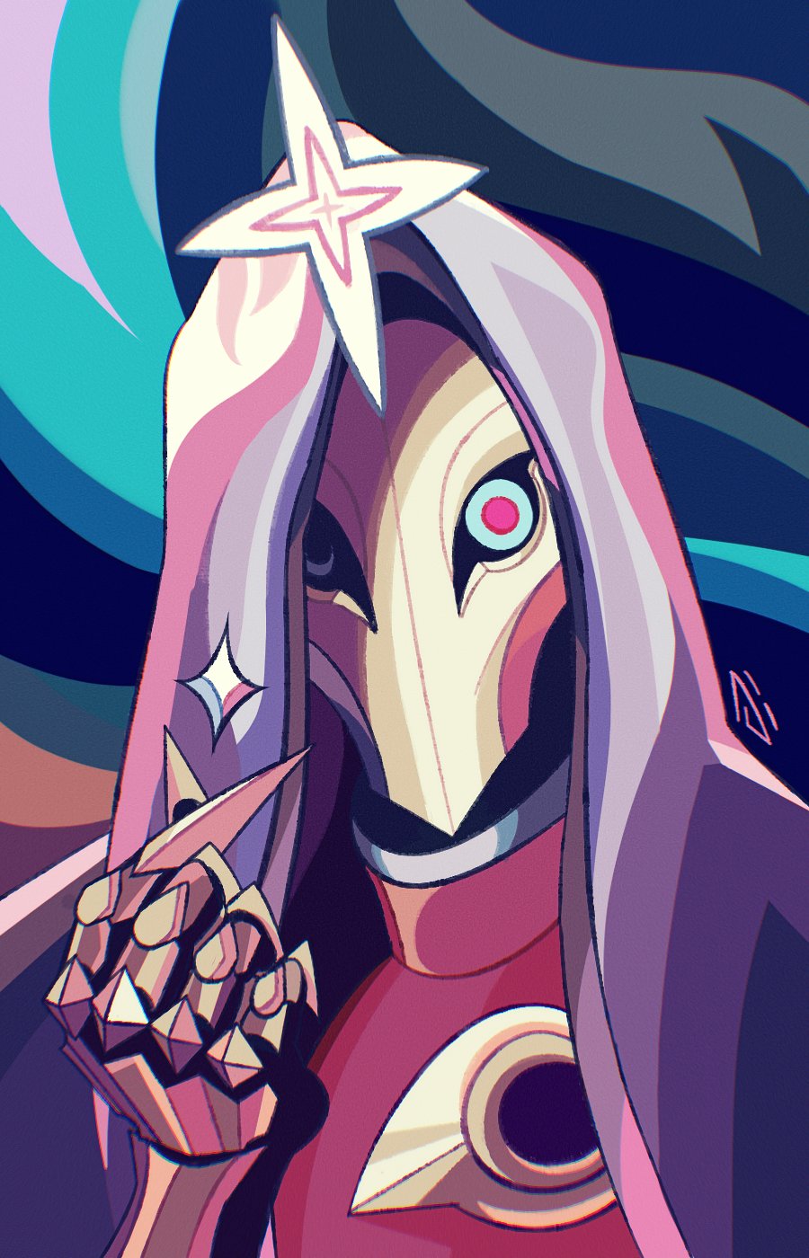1boy, dark_cosmic_jhin, hand_up, highres, hood, hood_up, jhin, kenneky