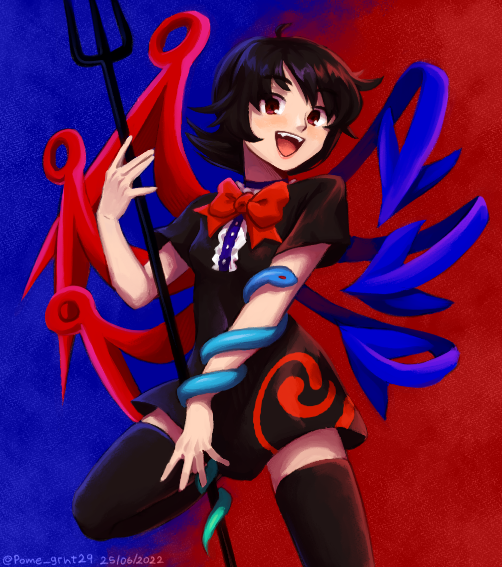 1girl, asymmetrical_wings, bangs, black_dress, black_hair, black_legwear, blue_wings, bow