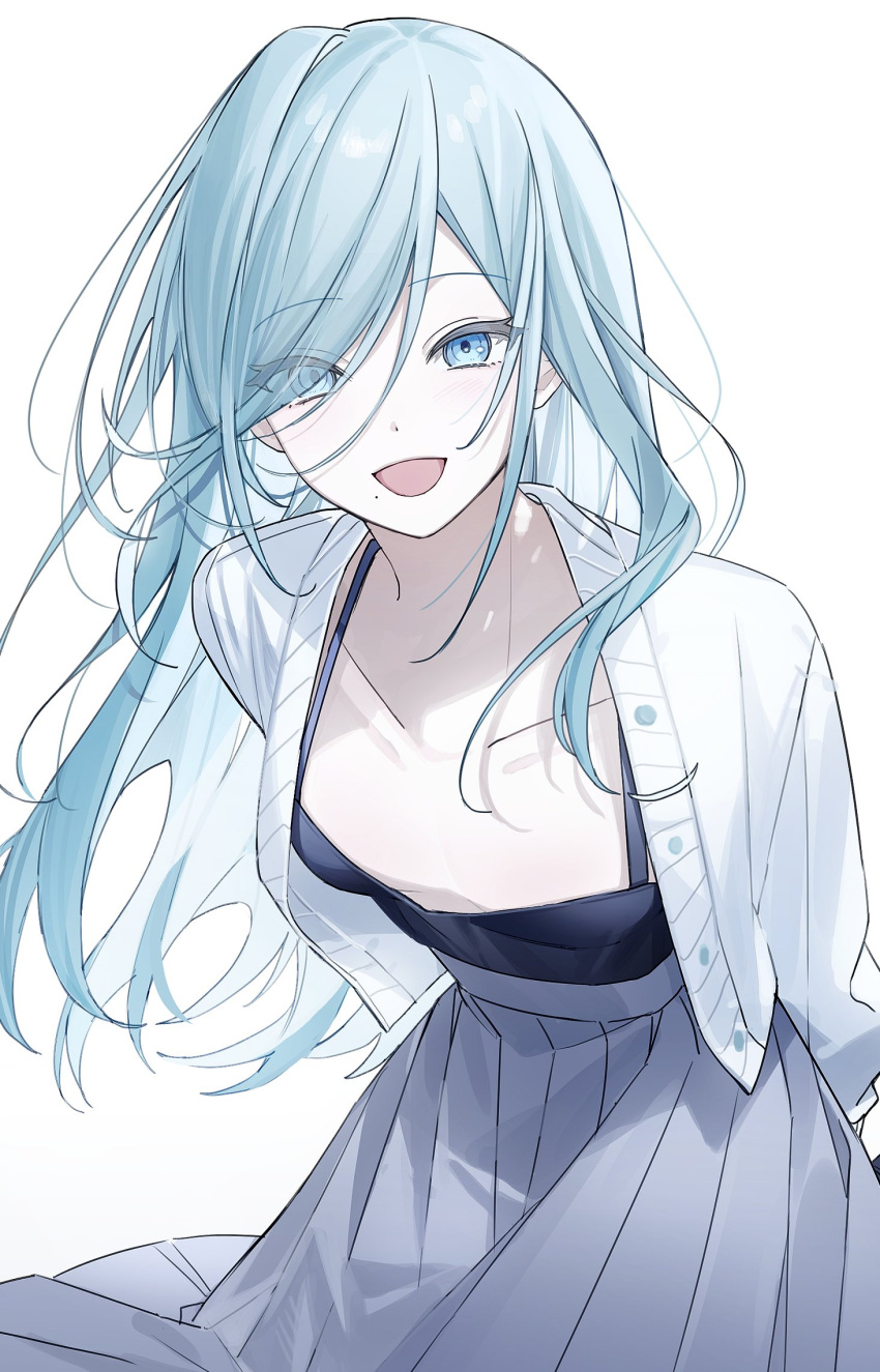 1girl, blue_eyes, breasts, grey_skirt, hair_over_one_eye, highres, hinomori_shizuku, jacket