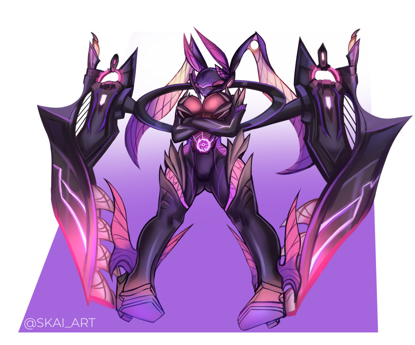 absurdres, breasts, colored_skin, crossed_arms, eunie_(xenoblade), fusion, glowing, glowing_wings, head_wings, helmet, high_heels, highres, ouroboros_(xenoblade), purple_skin, simple_background, skai_art, taion_(xenoblade), wings, xenoblade_chronicles_(series), xenoblade_chronicles_3