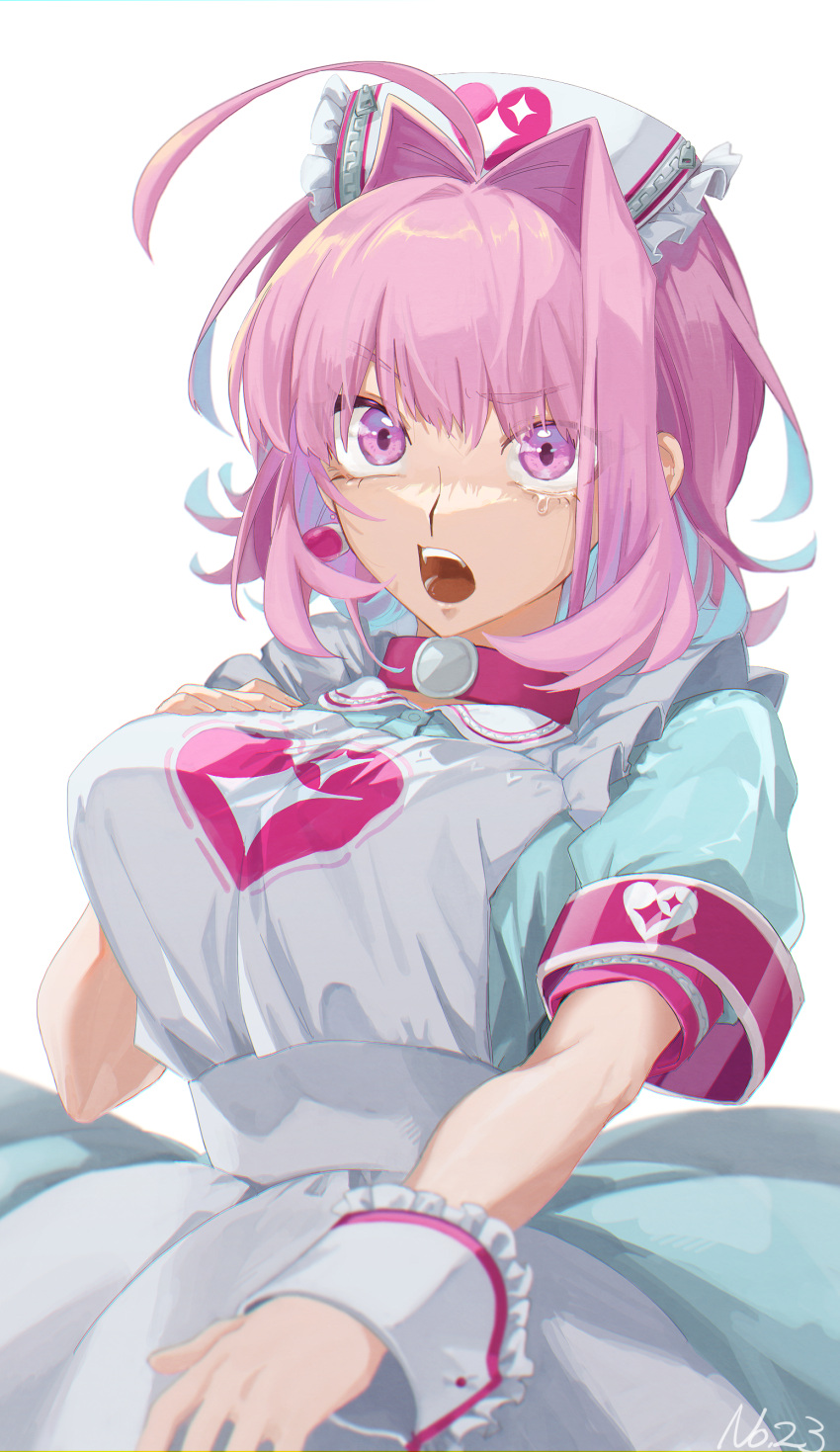 1girl, absurdres, aqua_dress, artist_name, bangs, bob_cut, breasts, choker, clothes_pull, dress, dress_pull, earrings, hair_intakes, hand_on_own_chest, hat, heart, heart_print, highres, idolmaster, idolmaster_cinderella_girls, idolmaster_cinderella_girls_starlight_stage, jewelry, large_breasts, light_blue_hair, looking_at_viewer, multicolored_hair, n_23, nurse_cap, open_mouth, pill_earrings, pinafore_dress, pink_choker, pink_eyes, pink_hair, raised_eyebrow, red_wristband, simple_background, solo, sparkle_print, tearing_up, teeth, two-tone_background, upper_body, white_background, white_headwear, white_wrist_cuffs, wrist_cuffs, wristband, yumemi_riamu, zipper_pull_tab