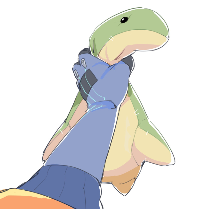 absurdres, apex_legends, blue_gloves, female_pov, gloves, highres, holding, holding_stuffed_toy, jacket, lila_(lilakeylk), nessie_(respawn), orange_jacket, pov, solo, stuffed_toy, wattson_(apex_legends), white_background