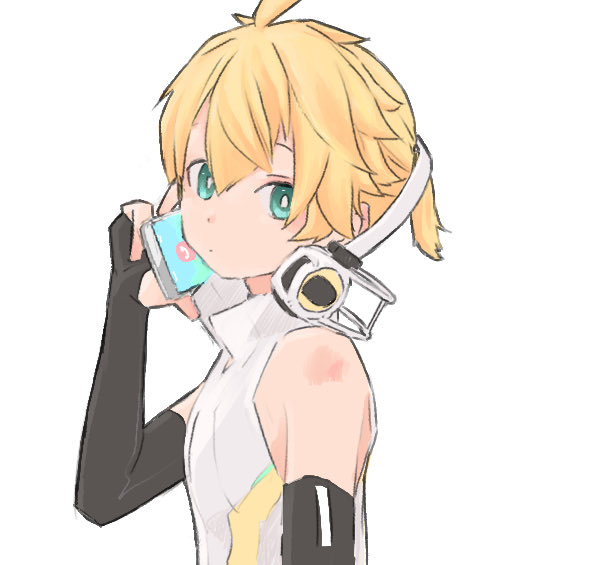 1boy, aqua_eyes, bare_shoulders, black_gloves, blonde_hair, d_futagosaikyou, dot_mouth, elbow_gloves