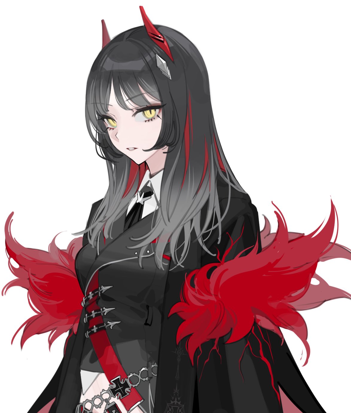 1girl, alternate_costume, alternate_hairstyle, azur_lane, belt, black_hair, cross, fur-trimmed_jacket