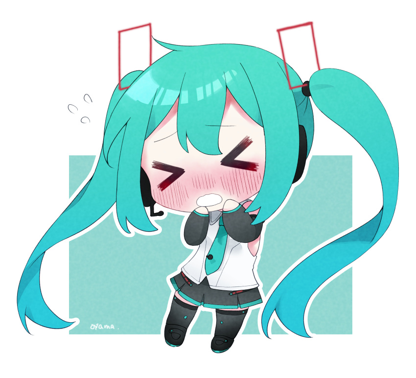 >_<, 1girl, aqua_eyes, aqua_hair, aqua_necktie, artist_name, bare_shoulders, black_legwear