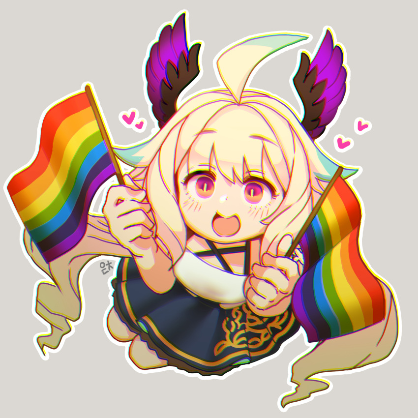 1girl, absurdly_long_hair, ahoge, bangs, bare_legs, bird_girl, blonde_hair, blue_dress, blue_hair, blush, dress, edich_art, enna_alouette, flag, flower, from_above, grey_background, hair_flower, hair_ornament, head_wings, heart, highres, long_hair, looking_up, low_twintails, mechanical_wings, multicolored_hair, nijisanji, nijisanji_en, open_mouth, purple_dress, purple_wings, rainbow_flag, sleeveless, smile, solo, twintails, very_long_hair, violet_eyes, virtual_youtuber, white_flower, wings