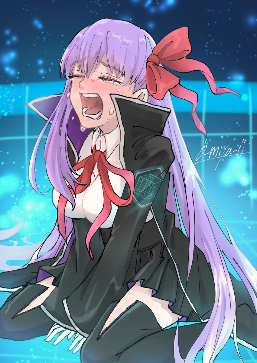1girl, absurdres, bb_(fate), bb_(fate/extra), between_legs, black_coat, black_skirt, blush