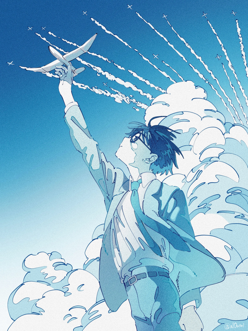 1boy, absurdres, aircraft, airplane, arm_up, artist_name, black_hair, blue_theme