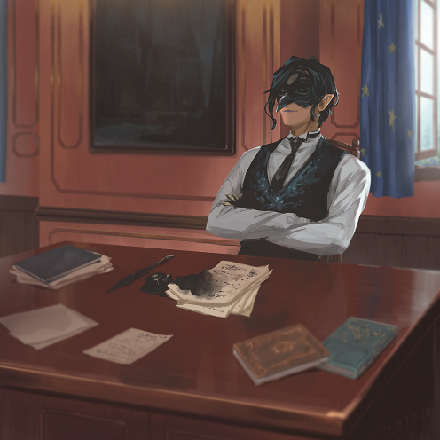 1boy, bird_mask, black_hair, black_necktie, black_vest, book, chair, collared_shirt