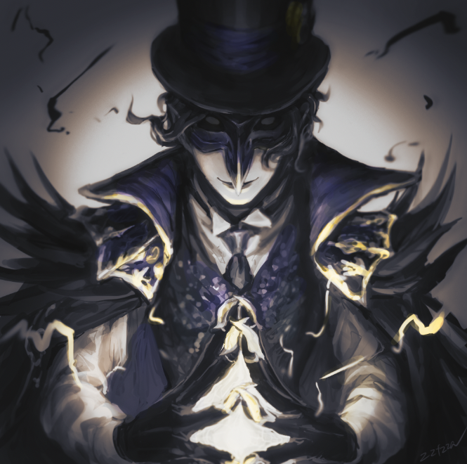 1boy, bird_mask, black_cape, black_gloves, black_hair, black_headwear, black_necktie, blank_eyes