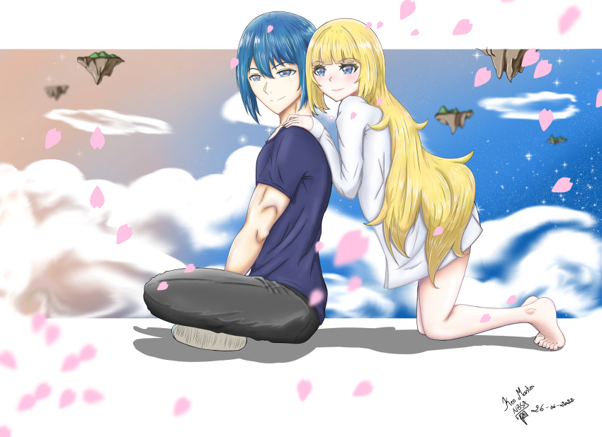 1boy, 1girl, absurdres, blonde_hair, blue_eyes, blue_hair, cherry_blossoms, clouds, cloudy_sky, highres, island, julius_rafa_holfort, kenmaster17, long_hair, marie_fou_lovan, otome_gee_sekai_wa_mob_ni_kibishii_sekai_desu, shirt, sky, star_(sky), starry_sky, white_shirt