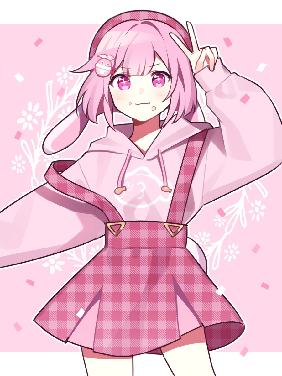 1girl, :3, animal_ears, animal_print, arm_up, beret, confetti, drawstring, fake_animal_ears, fish_print, food, food_on_face, hat, highres, hood, hoodie, long_sleeves, ootori_emu, phenny_(project_sekai), pink_background, pink_eyes, pink_hair, pink_headwear, pink_hoodie, pink_skirt, plaid, plaid_headwear, plaid_skirt, plaid_theme, project_sekai, rabbit_ears, skirt, solo, sparkling_eyes, v, waka_(wk4444)