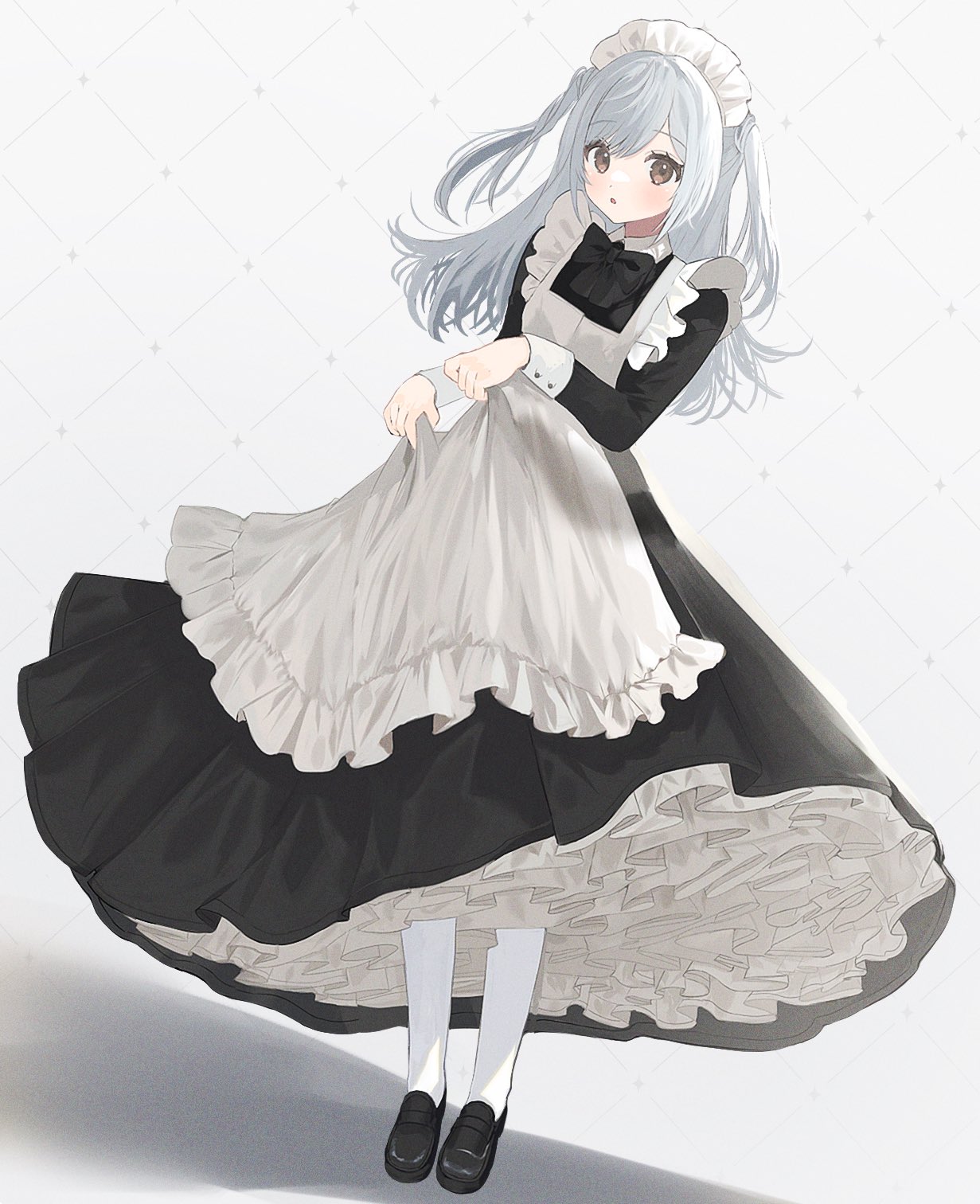 1girl, apron, apron_lift, black_dress, blue_hair, blush, brown_footwear, dress, dutch_angle, frilled_apron, frills, full_body, highres, loafers, long_hair, looking_at_viewer, maid, maid_headdress, mechiru, original, pantyhose, parted_lips, petticoat, shoes, sleeve_cuffs, solo, two_side_up, white_apron, white_legwear