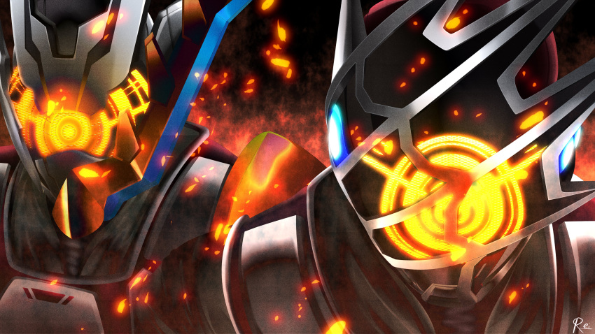 2boys, absurdres, armor, asymmetrical_horns, blue_eyes, english_commentary, extra_eyes, highres