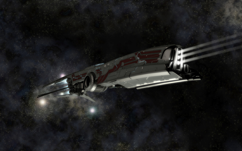 3d, absurdres, afterburner, commentary, eve_online, glowing, highres, jet_engine, machinery, military, military_vehicle, no_humans, nym182, original, realistic, rocket_engine, science_fiction, ship, sky, space, spacecraft, star_(sky), starry_sky, warship, watercraft, window