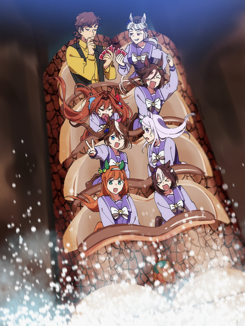 >_<, 1boy, 6+girls, animal_ears, arm_up, bangs, black_vest, bow, bowtie, brown_hair, card, closed_eyes, closed_mouth, daiwa_scarlet_(umamusume), gold_ship_(umamusume), green_eyes, grey_hair, hair_over_one_eye, hairband, hand_on_own_chin, hat, highres, holding, holding_card, horse_ears, log_flume, long_hair, looking_at_viewer, mejiro_mcqueen_(umamusume), multicolored_hair, multiple_girls, open_mouth, orange_hair, playing_card, ponytail, purple_hair, purple_shirt, sailor_collar, scared, school_uniform, shirt, short_hair, silence_suzuka_(umamusume), smile, special_week_(umamusume), splash_mountain, streaked_hair, stroking_own_chin, sweatdrop, team_spica's_trainer, thinking, tokai_teio_(umamusume), tracen_school_uniform, two-tone_hair, umamusume, uzura_(uzrtamago), v, vest, vodka_(umamusume), water, white_bow, white_bowtie, yellow_shirt