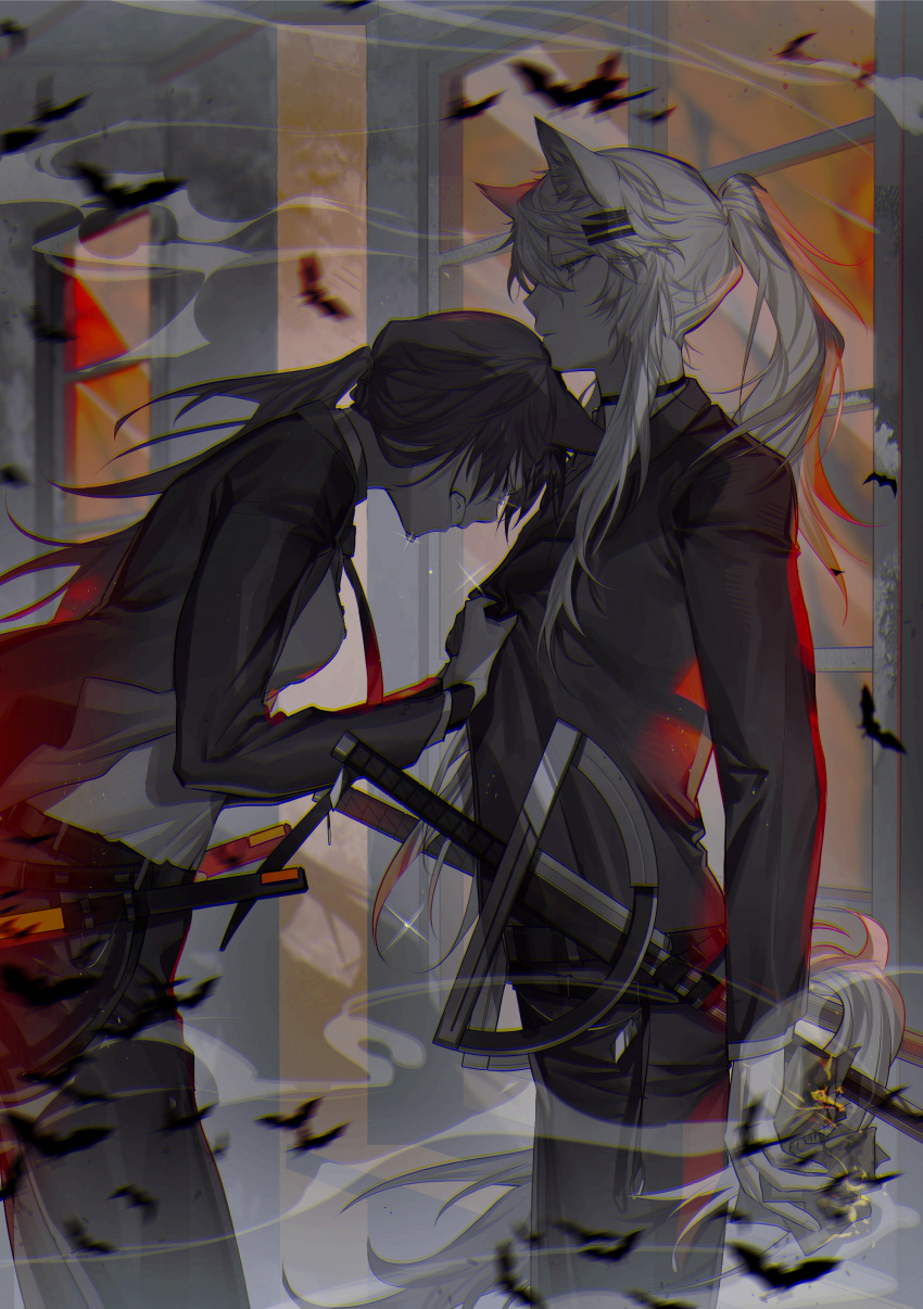 2girls, absurdres, animal_ears, arknights, arms_at_sides, bangs, bat, breasts, clenched_teeth, closed_eyes, clothes_grab, collared_shirt, cowboy_shot, crying, expressionless, facing_down, formal, from_side, glass, glint, hair_ornament, hairclip, highres, jacket, lappland_(arknights), leaning_forward, long_hair, long_sleeves, looking_away, low_ponytail, monochrome, motion_blur, multiple_girls, necktie, open_door, ponytail, profile, red_necktie, scar, scar_across_eye, shirt, shorts, shuiyaoximushi, sidelocks, smoke, suit, sword, tail, teeth, texas_(arknights), thigh-highs, weapon, wolf_ears, wolf_girl, wolf_tail