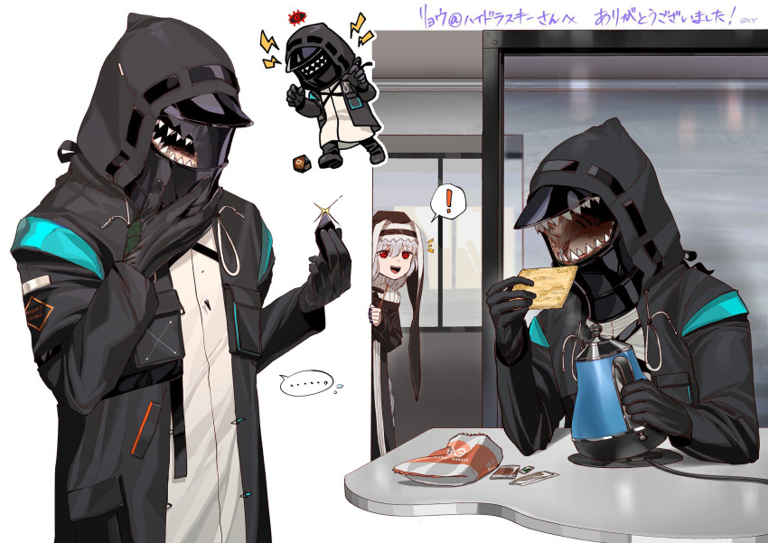 !, ..., 1girl, 1other, :d, arknights, black_coat, black_dress