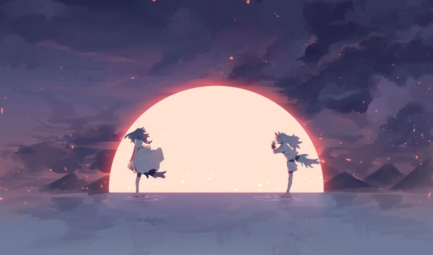 2girls, animal_ears, arknights, arms_behind_back, brown_hair, dress, facing_another, fantasy