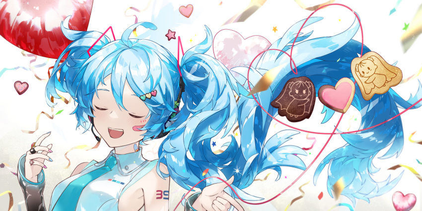 1girl, 39, absurdres, ai_kotoba_iv_(vocaloid), arm_tattoo, balloon, bare_shoulders, black_sleeves