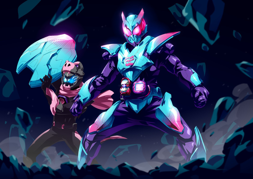 2boys, animal_hood, armor, barid_rex, barid_rex_vistamp, black_gloves, blizzard, blue_armor