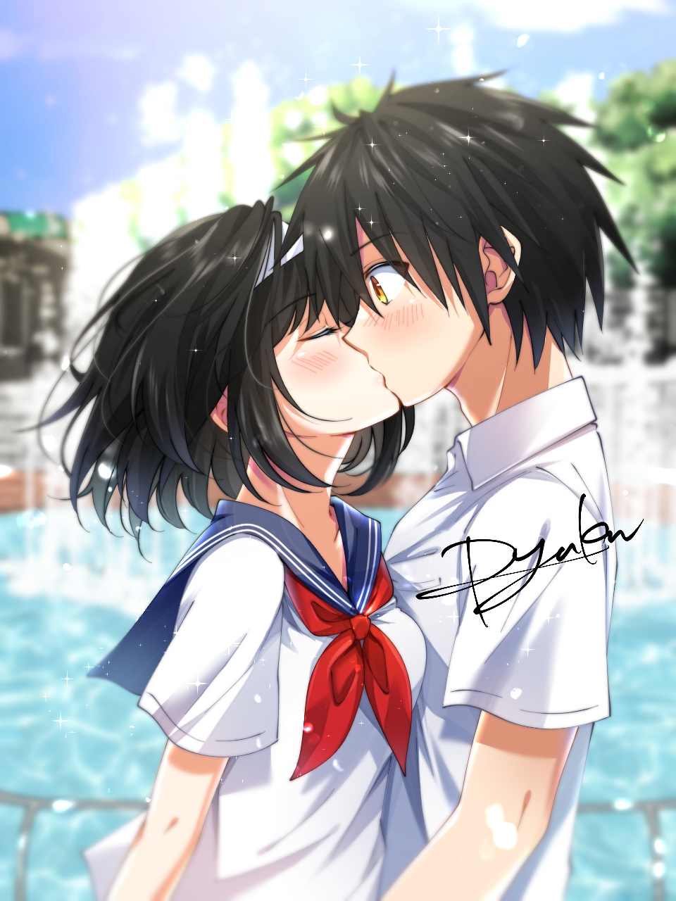 1boy, 1girl, black_hair, blurry, blurry_background, blush, closed_eyes, commission