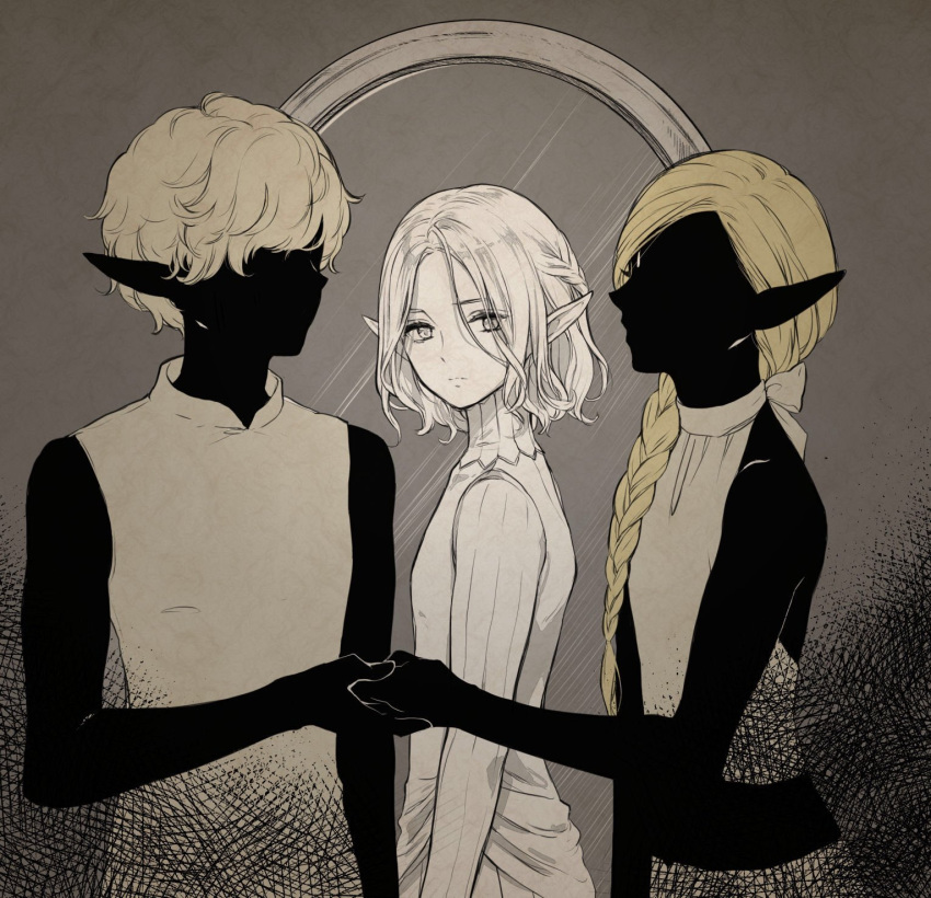 2boys, bangs, bare_arms, bare_shoulders, blonde_hair, bob_cut, braid, braided_ponytail, braided_ponytail_elf_(dungeon_meshi), brothers, couple, dungeon_meshi, elf, eyelashes, facing_another, frown, hair_over_shoulder, halterneck, hetero, highres, holding_hands, light_brown_hair, looking_at_viewer, looking_to_the_side, midriff, mirror, mithrun, mithrun's_brother, multiple_boys, partially_colored, pointy_ears, sami_(3a3i3a3i), siblings, silhouette, single_braid, sleeveless, upper_body