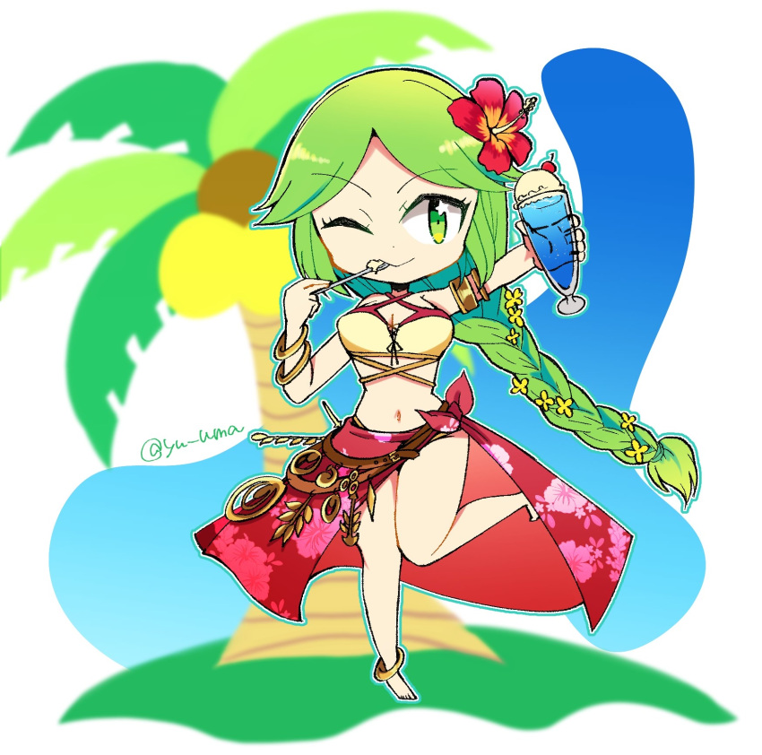 1girl, armlet, barefoot, bikini, braid, breasts, cup, dot_nose