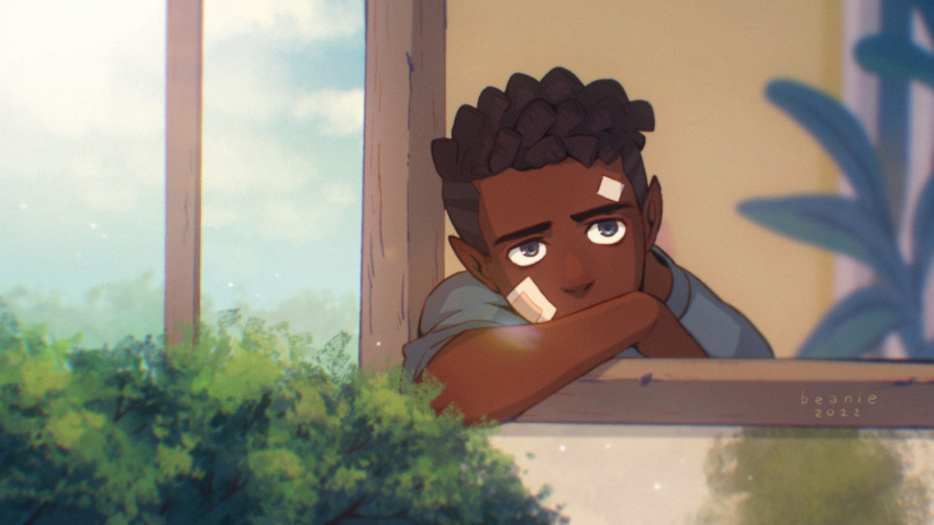 1boy, arm_rest, artist_name, bandaid, bandaid_on_face, beaniewinnie96, black_hair, blue_eyes