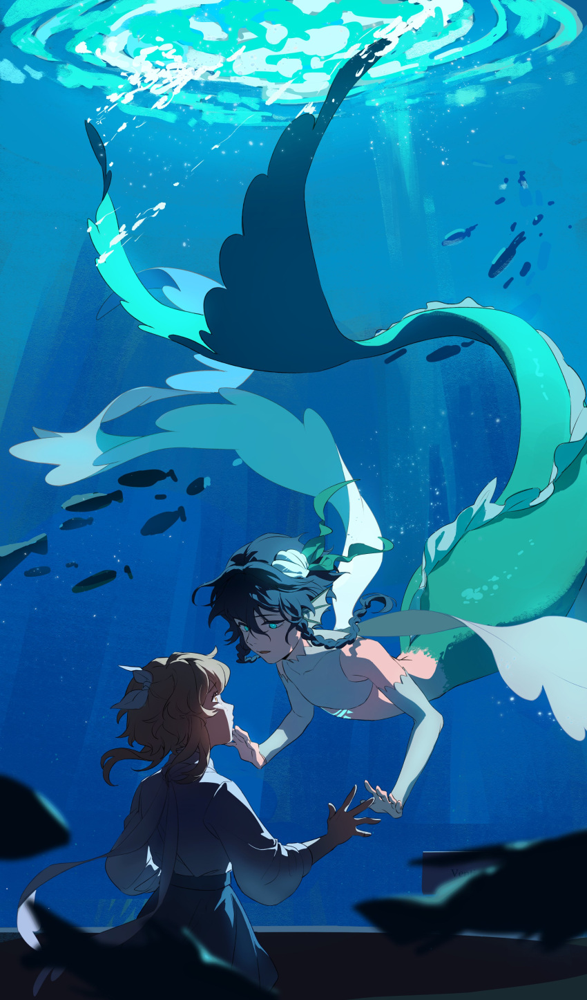 1boy, 1girl, absurdres, against_glass, air_bubble, aqua_eyes, aquarium, bangs