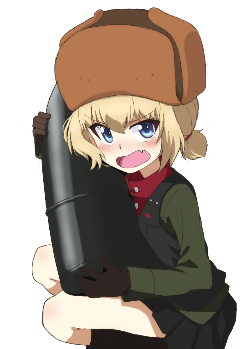 1girl, alternate_hairstyle, bangs, black_footwear, black_gloves, black_skirt, black_vest, blonde_hair, blue_eyes, blush, boots, brown_headwear, commentary, cosplay, fang, frown, fur_hat, girls_und_panzer, gloves, green_jacket, hair_tie, hat, highres, holding, jacket, katyusha_(girls_und_panzer), kayabakoro, long_sleeves, looking_at_viewer, low_twintails, military, military_uniform, miniskirt, nina_(girls_und_panzer), nina_(girls_und_panzer)_(cosplay), open_mouth, pleated_skirt, pravda_military_uniform, red_shirt, shirt, short_hair, short_twintails, simple_background, skirt, solo, squatting, tank_shell, textless_version, turtleneck, twintails, uniform, ushanka, vest, white_background