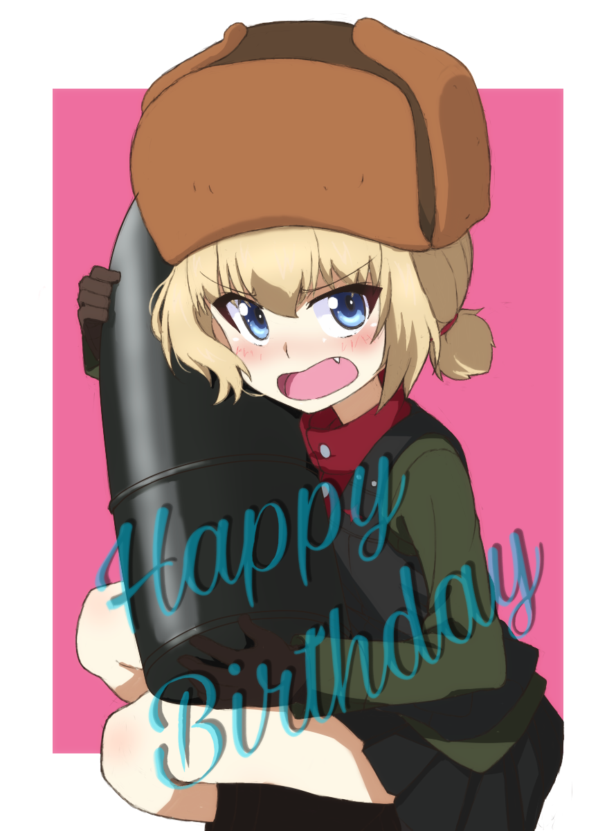 1girl, alternate_hairstyle, bangs, black_footwear, black_gloves, black_skirt, black_vest, blonde_hair, blue_eyes, blush, boots, border, brown_headwear, commentary, cosplay, cursive, english_text, fang, frown, fur_hat, girls_und_panzer, gloves, green_jacket, hair_tie, happy_birthday, hat, highres, holding, jacket, katyusha_(girls_und_panzer), kayabakoro, long_sleeves, looking_at_viewer, low_twintails, military, military_uniform, miniskirt, nina_(girls_und_panzer), nina_(girls_und_panzer)_(cosplay), open_mouth, outside_border, pink_background, pleated_skirt, pravda_military_uniform, red_shirt, shirt, short_hair, short_twintails, simple_background, skirt, solo, squatting, tank_shell, turtleneck, twintails, uniform, ushanka, vest, white_border