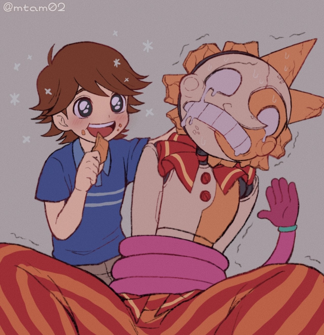 2boys, baggy_pants, blue_shirt, brown_hair, eating, five_nights_at_freddy's, five_nights_at_freddy's:_security_breach, food_in_mouth