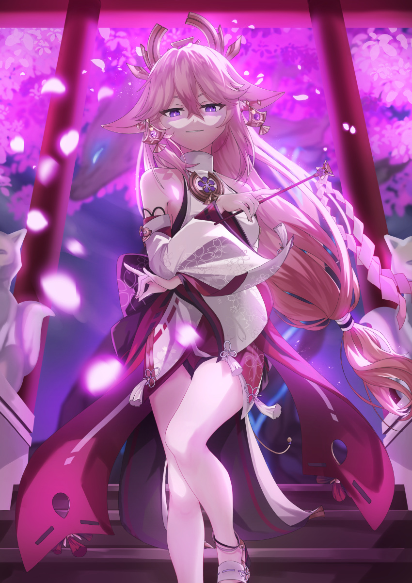 1girl, absurdres, animal_ears, bangs, blupxiv, blurry, cherry_blossoms, commentary, depth_of_field, detached_sleeves, doyagao, earrings, fox_ears, fox_girl, fox_shadow_puppet, fox_statue, genshin_impact, hair_between_eyes, hair_ornament, highres, holding, holding_gohei, holding_weapon, jewelry, long_hair, long_sleeves, looking_at_viewer, low-tied_long_hair, necklace, petals, pink_hair, ribbon-trimmed_sleeves, ribbon_trim, sidelocks, smile, smug, solo, stairs, torii, tree, violet_eyes, vision_(genshin_impact), weapon, wide_sleeves, yae_miko