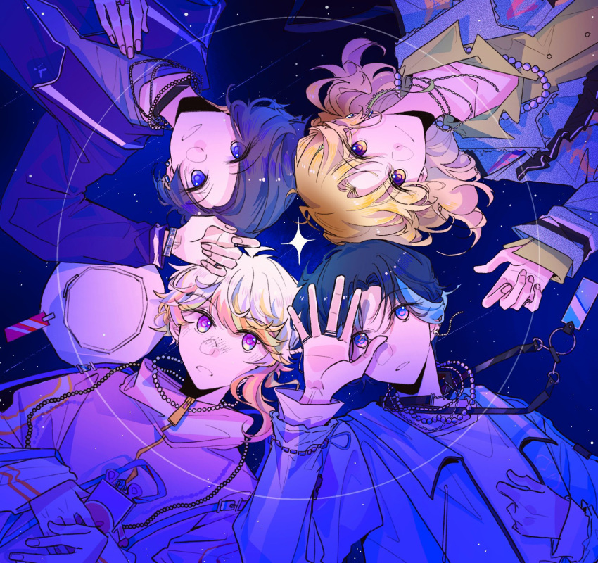 4boys, black_hair, blonde_hair, blue_hair, blush, closed_mouth, freckles, green_hair