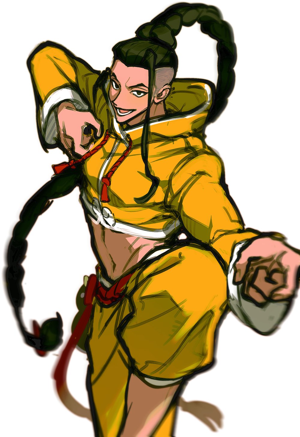 1boy, brown_eyes, brown_hair, fighting_stance, gourd, grey_background, highres, hood