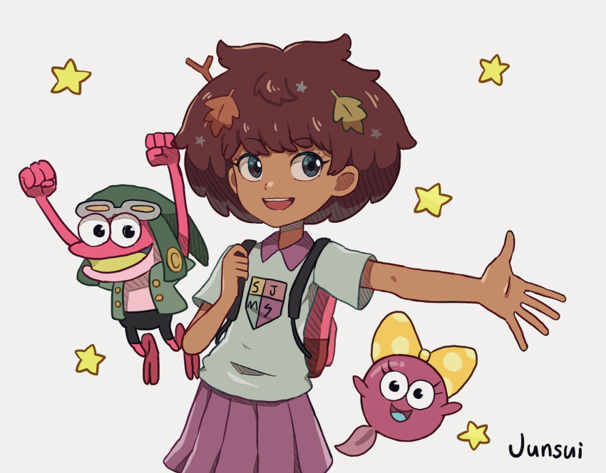 amphibia, anne_boonchuy, brown_eyes, brown_hair, commentary_request, dark_skin, full_body, gloves