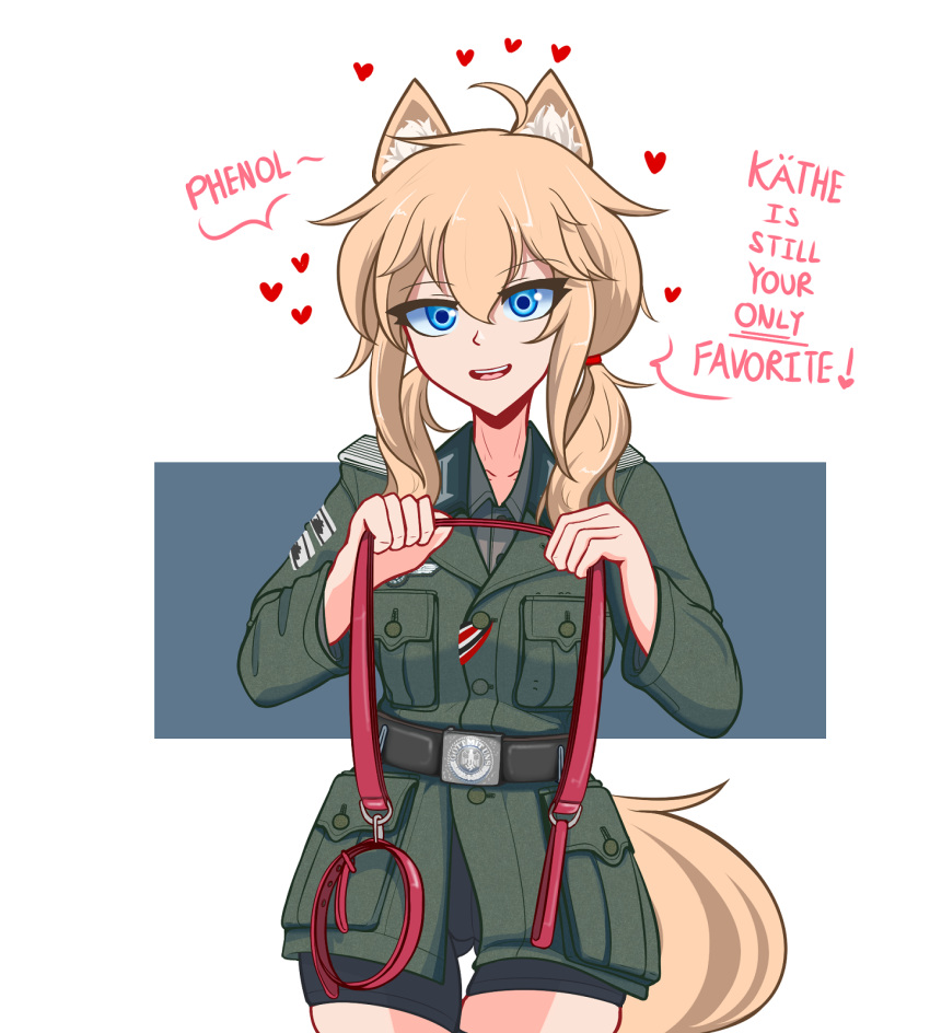 1girl, ahoge, animal_ears, belt, belt_buckle, black_shorts, blonde_hair, blue_eyes, breasts, brown_belt, buckle, coat, cowboy_shot, english_text, epaulettes, green_coat, hair_between_eyes, heart, highres, holding, holding_leash, leash, long_sleeves, low_twintails, medium_breasts, military, military_uniform, original, phenol_r, short_shorts, shorts, sidelocks, solo, standing, swastika, tail, twintails, uniform, world_war_ii