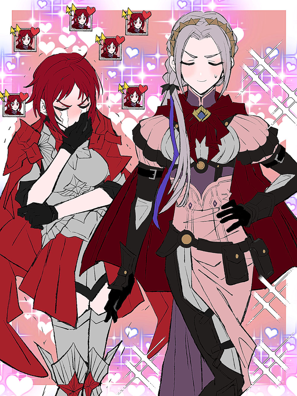 2girls, armor, armored_dress, blush, cape, closed_eyes, cosplay, costume_switch