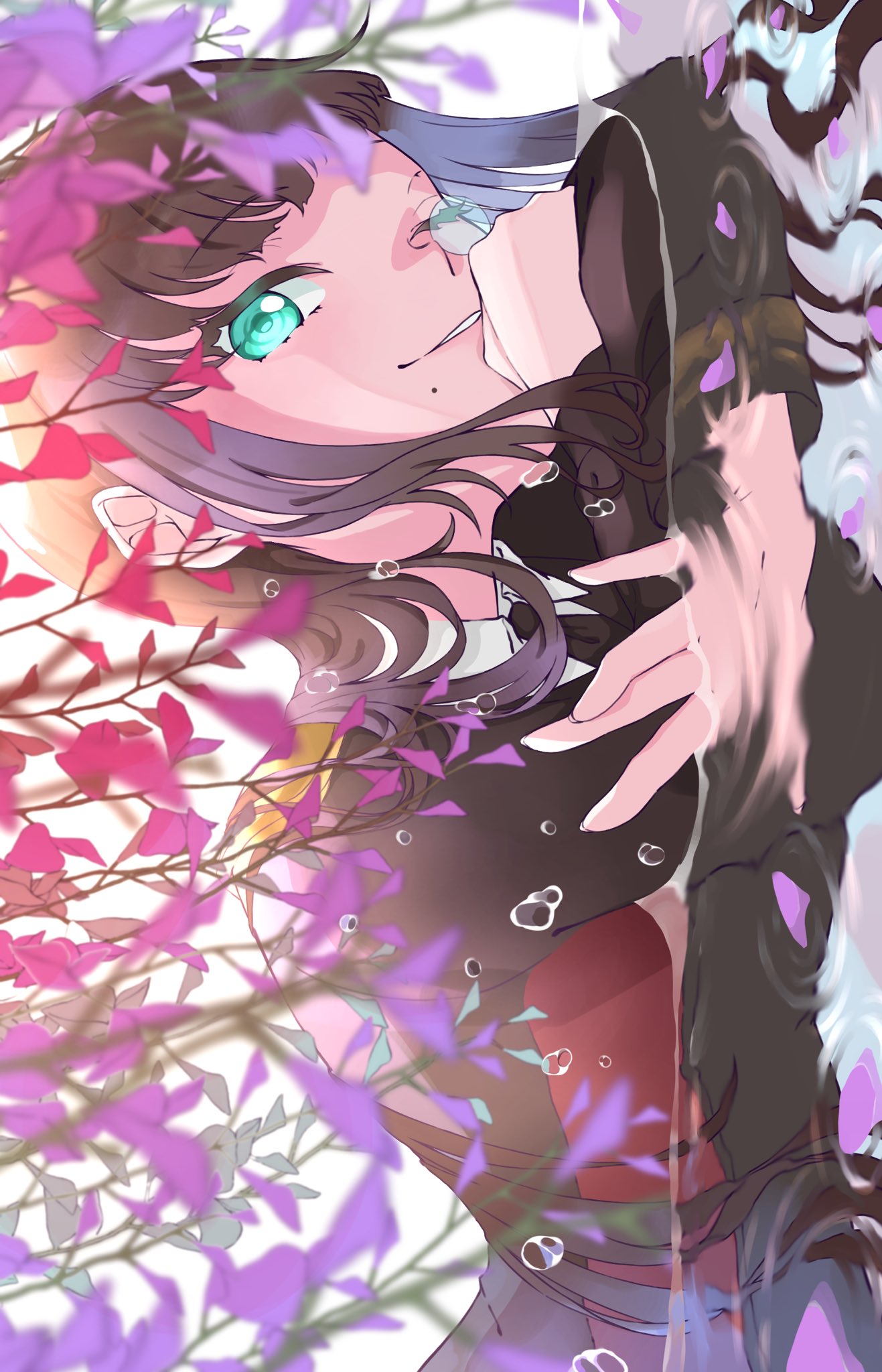 1girl, aqua_eyes, black_hair, black_shirt, blurry, blurry_foreground, commentary, depth_of_field